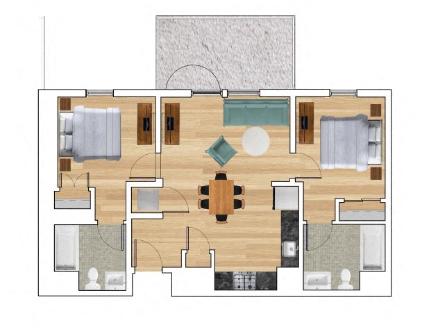 Floor plan for 2 beds, 2 baths, 958 sqft