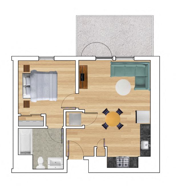 Floor plan for 1 bed, 1 bath, 615 sqft