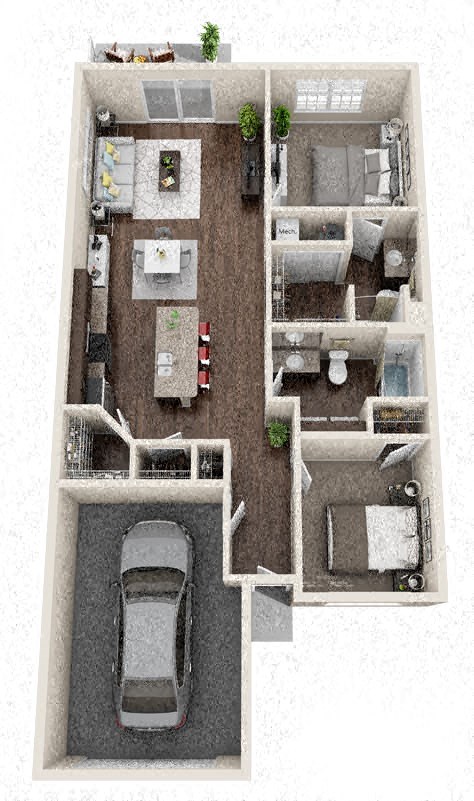 Floor plan for 2 beds, 2 baths, 1127 sqft