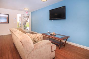 A living room with a couch and a table and a television