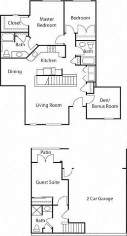 Floor plan for 3 beds, 3 baths, 1449 sqft