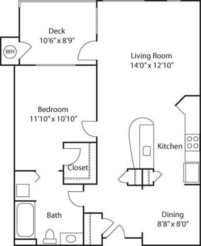 Floor plan for 1 bed, 1 bath, 778 sqft