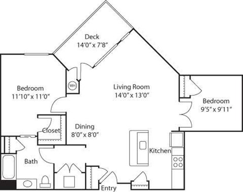 Floor plan for 2 beds, 1 bath, 931 sqft
