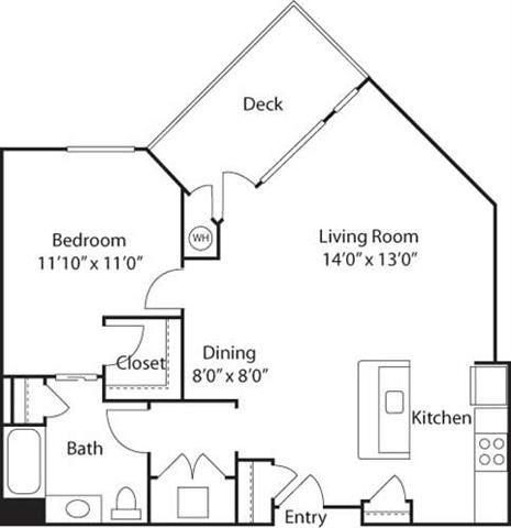 Floor plan for 1 bed, 1 bath, 812 sqft
