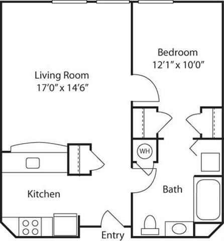 Floor plan for 1 bed, 1 bath, 633 sqft
