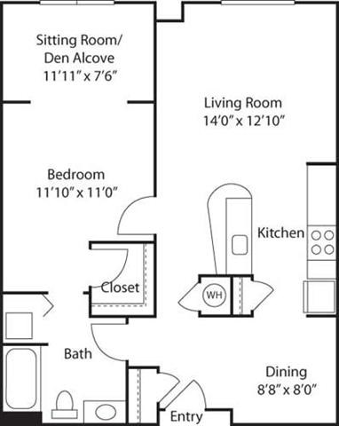 Floor plan for 1 bed, 1 bath, 858 sqft