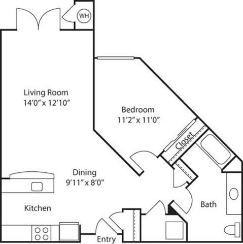 Floor plan for 1 bed, 1 bath, 769 sqft