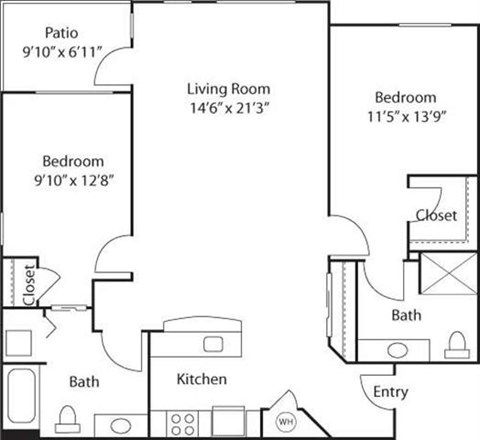 Floor plan for 2 beds, 2 baths, 1110 sqft
