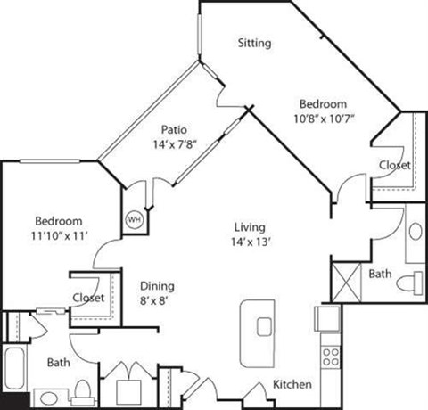Floor plan for 2 beds, 2 baths, 1187 sqft