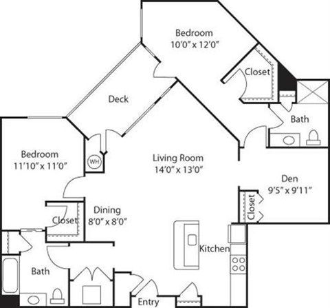 Floor plan for 2 beds, 2 baths, 1226 sqft