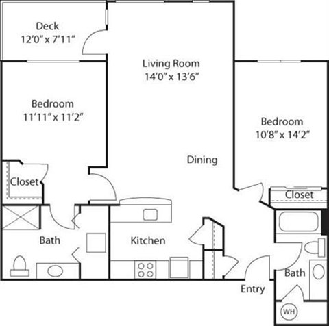 Floor plan for 2 beds, 2 baths, 1054 sqft