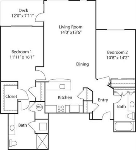 Floor plan for 2 beds, 2 baths, 1137 sqft