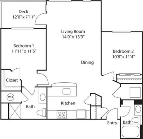 Floor plan for 2 beds, 2 baths, 1004 sqft