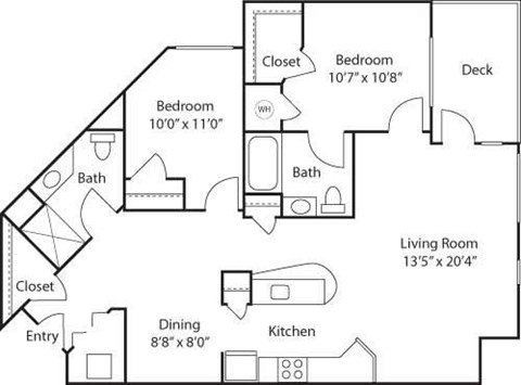 Floor plan for 2 beds, 2 baths, 1086 sqft