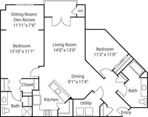 Floor plan for 2 beds, 2 baths, 1383 sqft