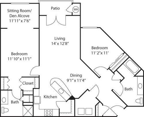 Floor plan for 2 beds, 2 baths, 1315 sqft