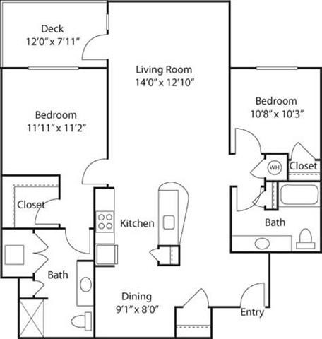 Floor plan for 2 beds, 2 baths, 1184 sqft