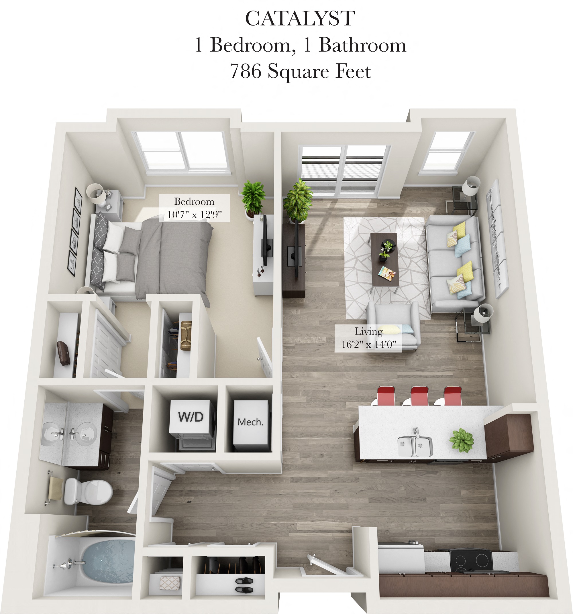 Floor plan for 1 bed, 1 bath, 786 sqft
