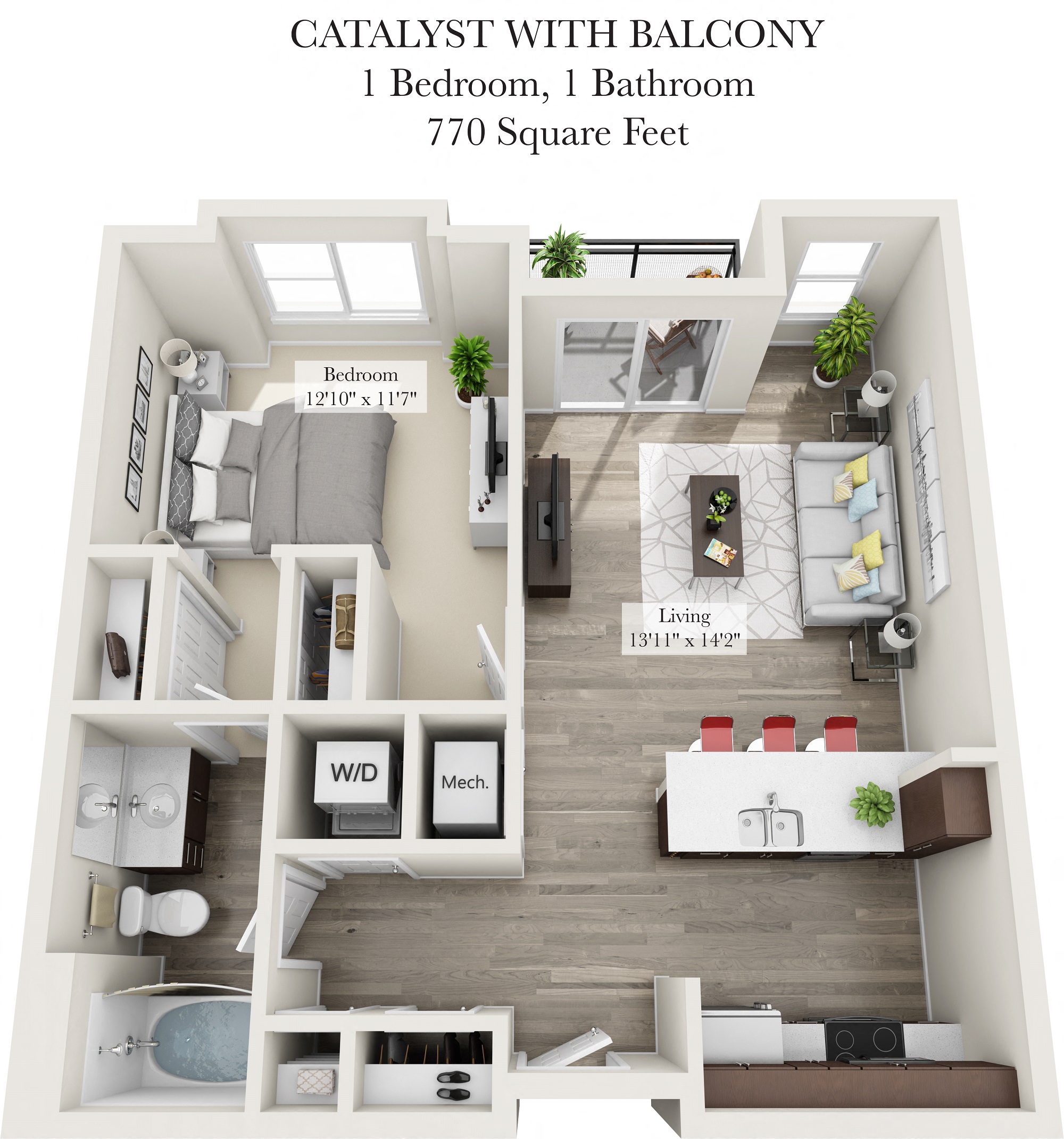 Floor plan for 1 bed, 1 bath, 770 sqft