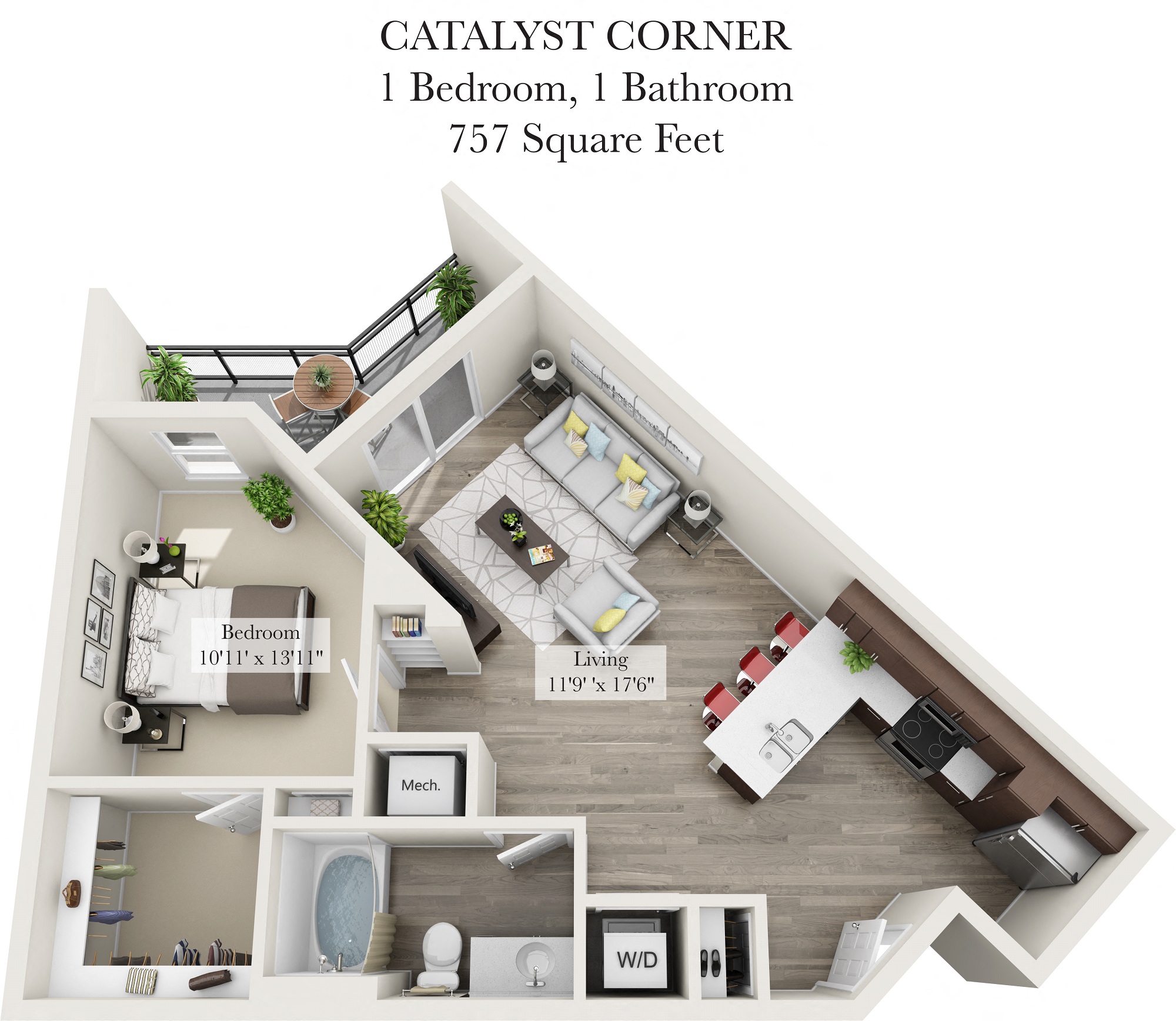 Floor plan for 1 bed, 1 bath, 757 sqft