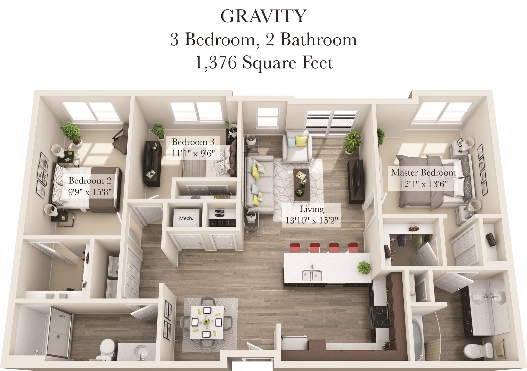 Floor plan for 3 beds, 2 baths, 1376 sqft