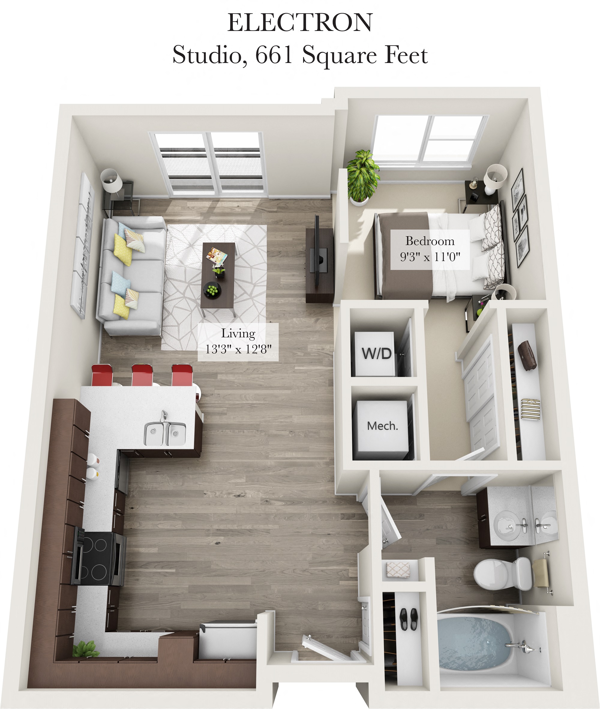 Floor plan for studio, 1 bath, 661 sqft