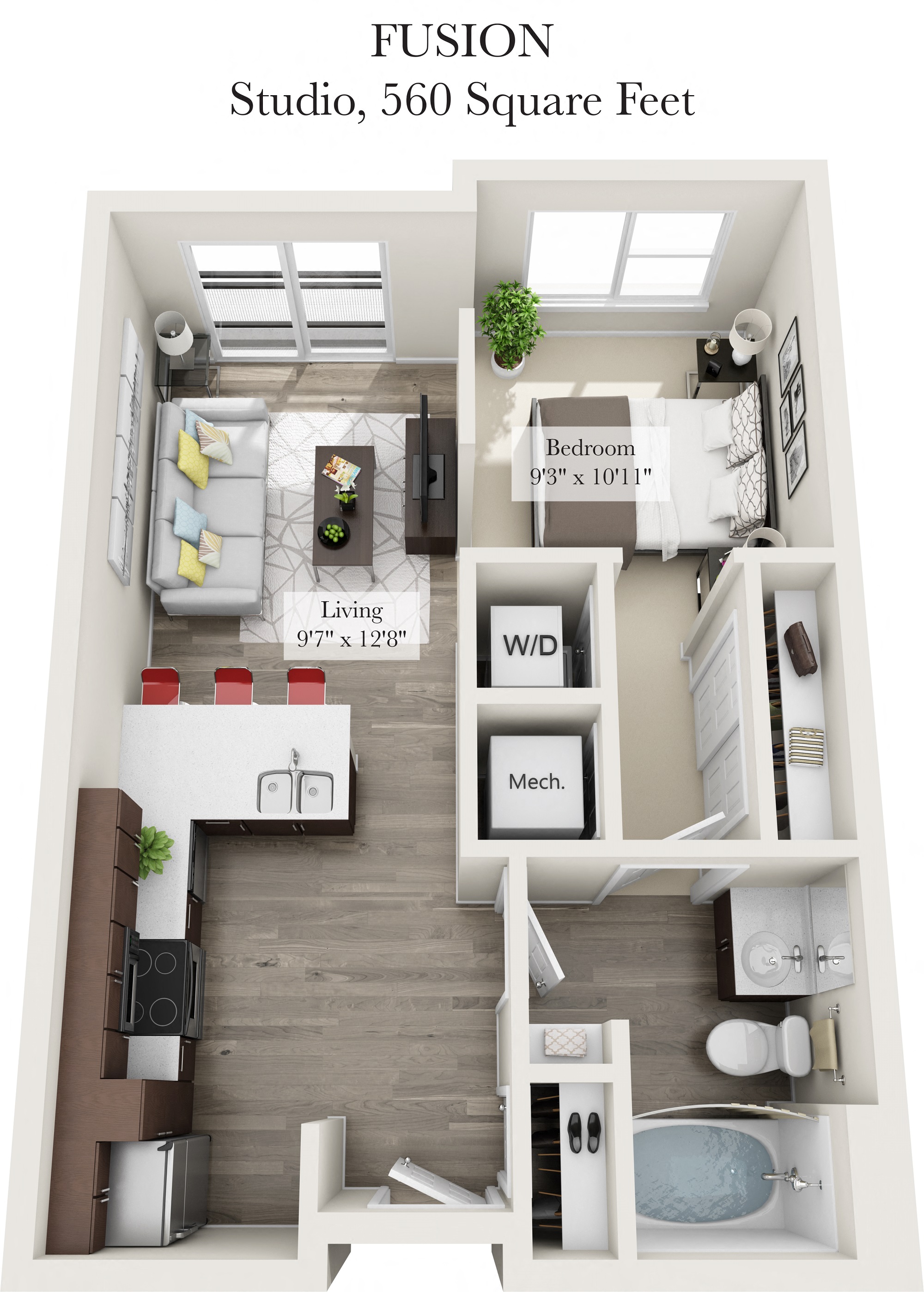Floor plan for studio, 1 bath, 560 sqft