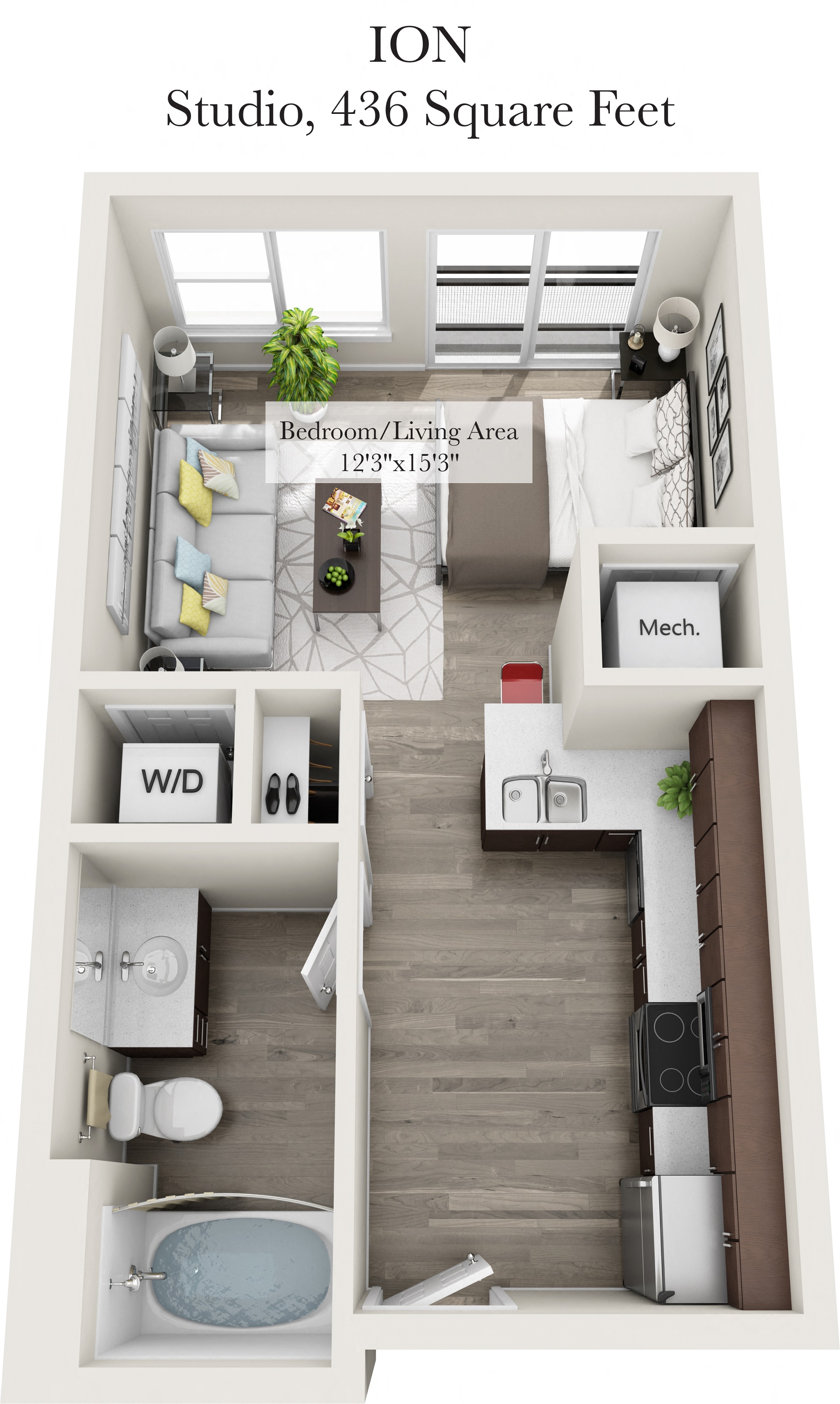 Floor plan for studio, 1 bath, 436 sqft