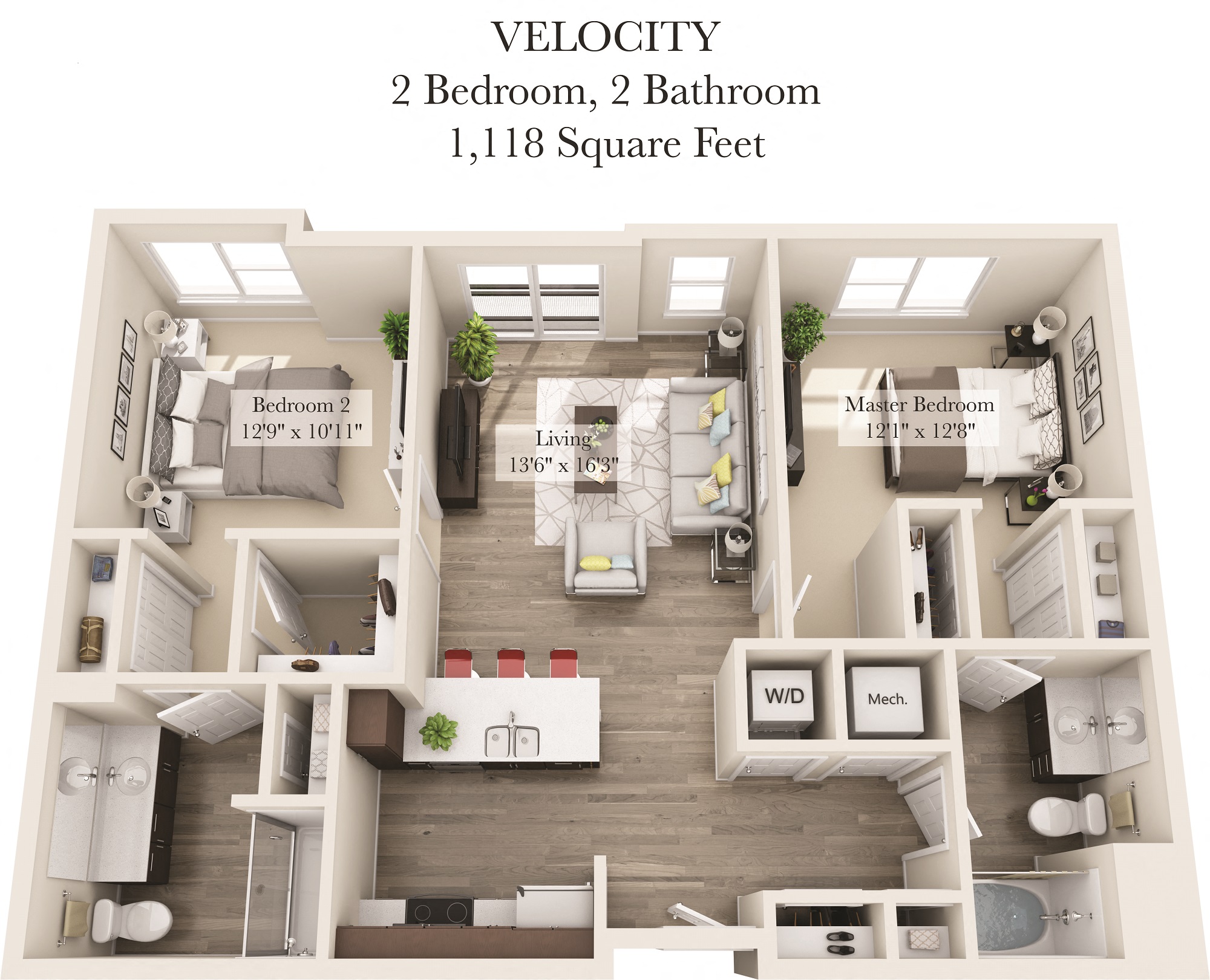 Floor plan for 2 beds, 2 baths, 1118 sqft