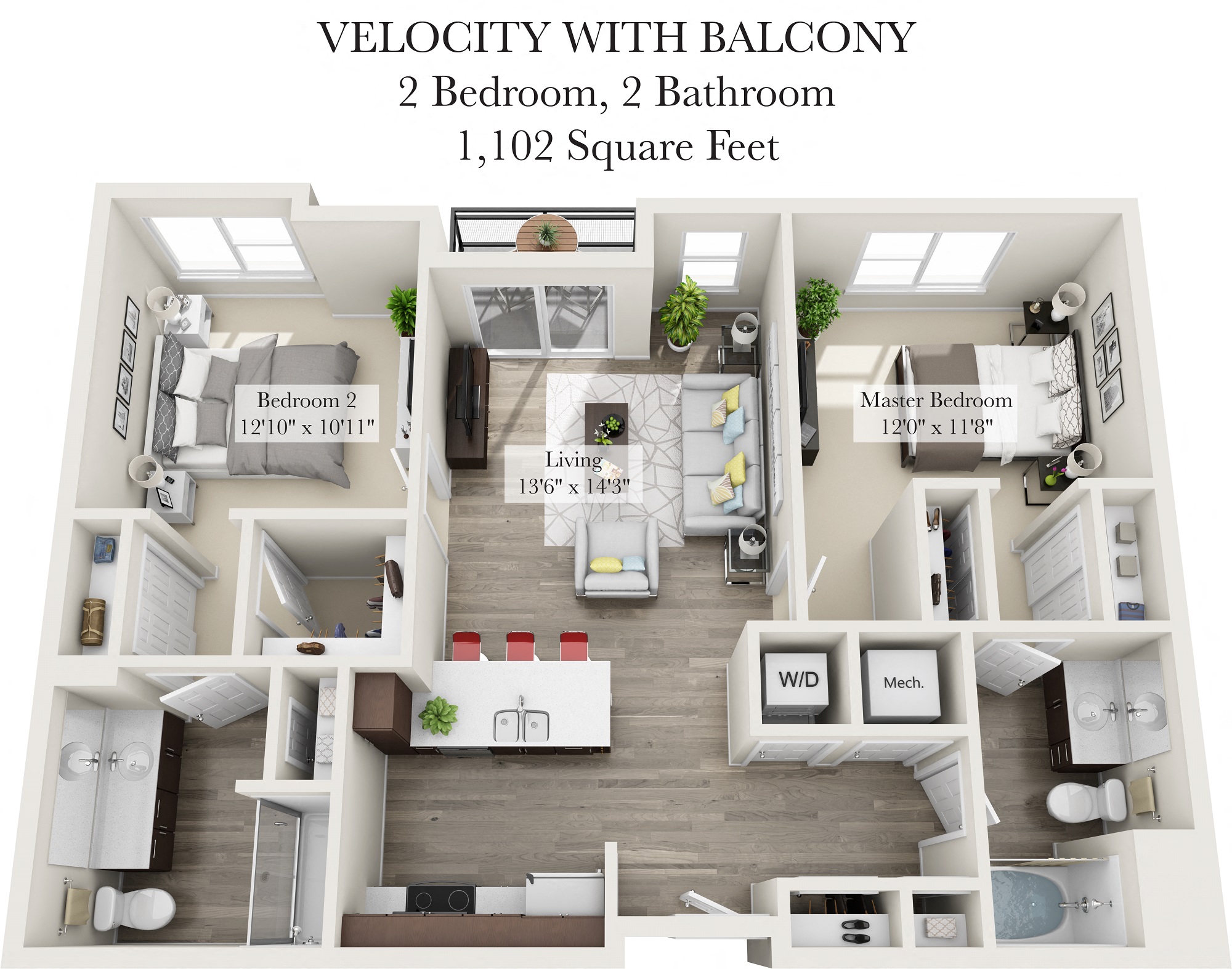 Floor plan for 2 beds, 2 baths, 1102 sqft