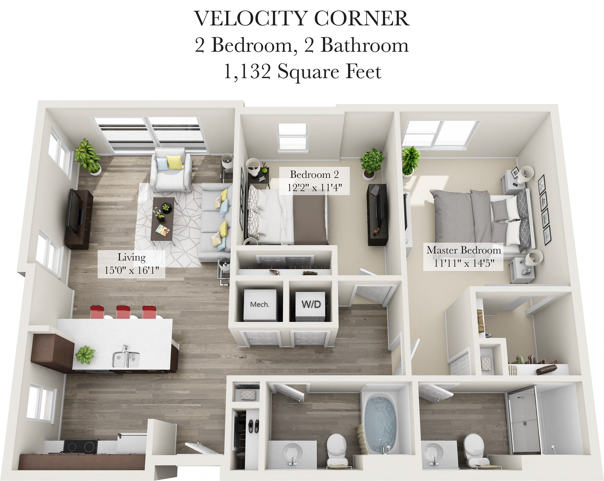 Floor plan for 2 beds, 2 baths, 1132 sqft