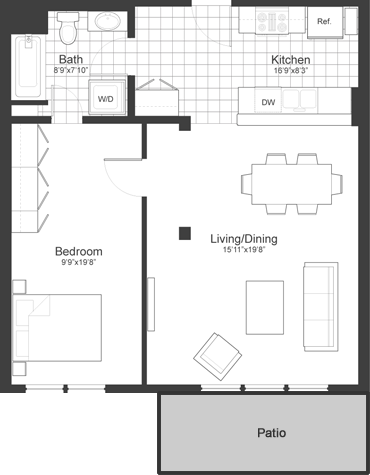 Floor plan for 1 bed, 1 bath, 787 sqft