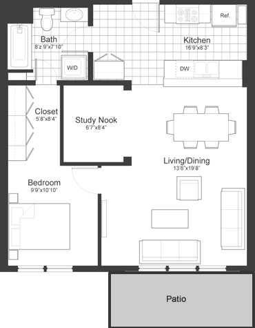 Floor plan for 1 bed, 1 bath, 786 sqft