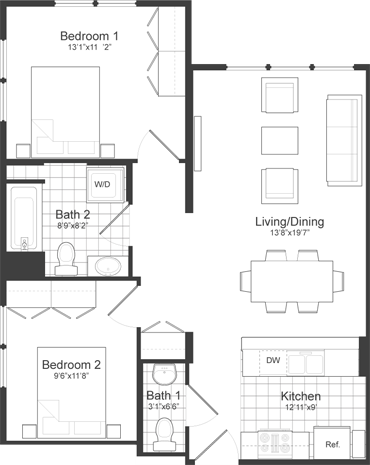 Floor plan for 2 beds, 1.5 baths, 859 sqft