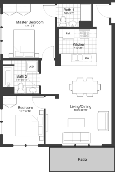 Floor plan for 2 beds, 2 baths, 927 sqft