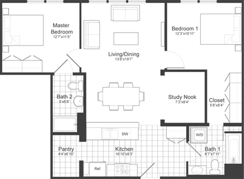 Floor plan for 2 beds, 2 baths, 1043 sqft