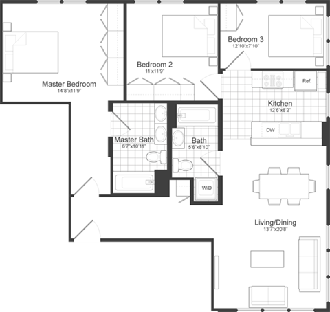 Floor plan for 3 beds, 2 baths, 1173 sqft