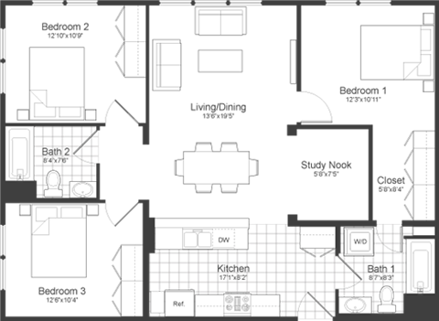 Floor plan for 3 beds, 2 baths, 1173 sqft