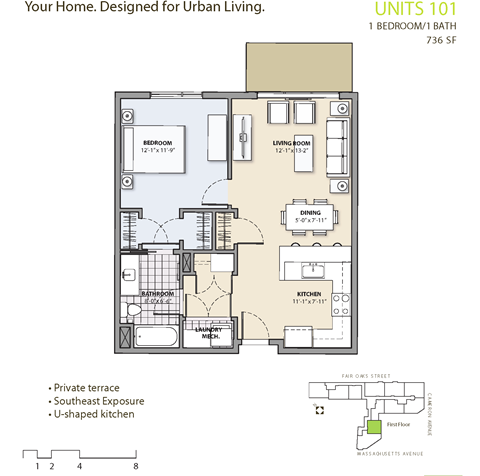 Floor plan for 1 bed, 1 bath, 727 sqft
