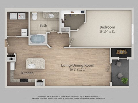 Floor plan for 1 bed, 1 bath, 849 sqft