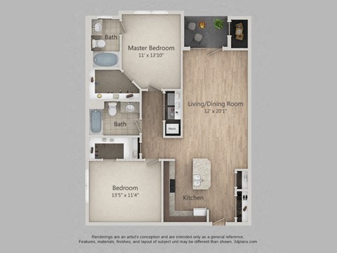 Floor plan for 2 beds, 2 baths, 1078 sqft