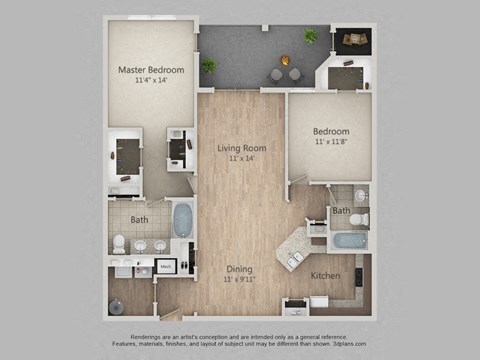 Floor plan for 2 beds, 2 baths, 1177 sqft