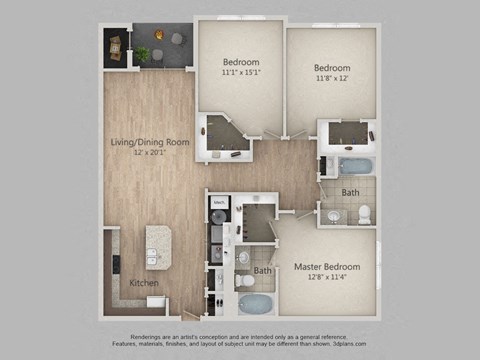 Floor plan for 3 beds, 2 baths, 1306 sqft