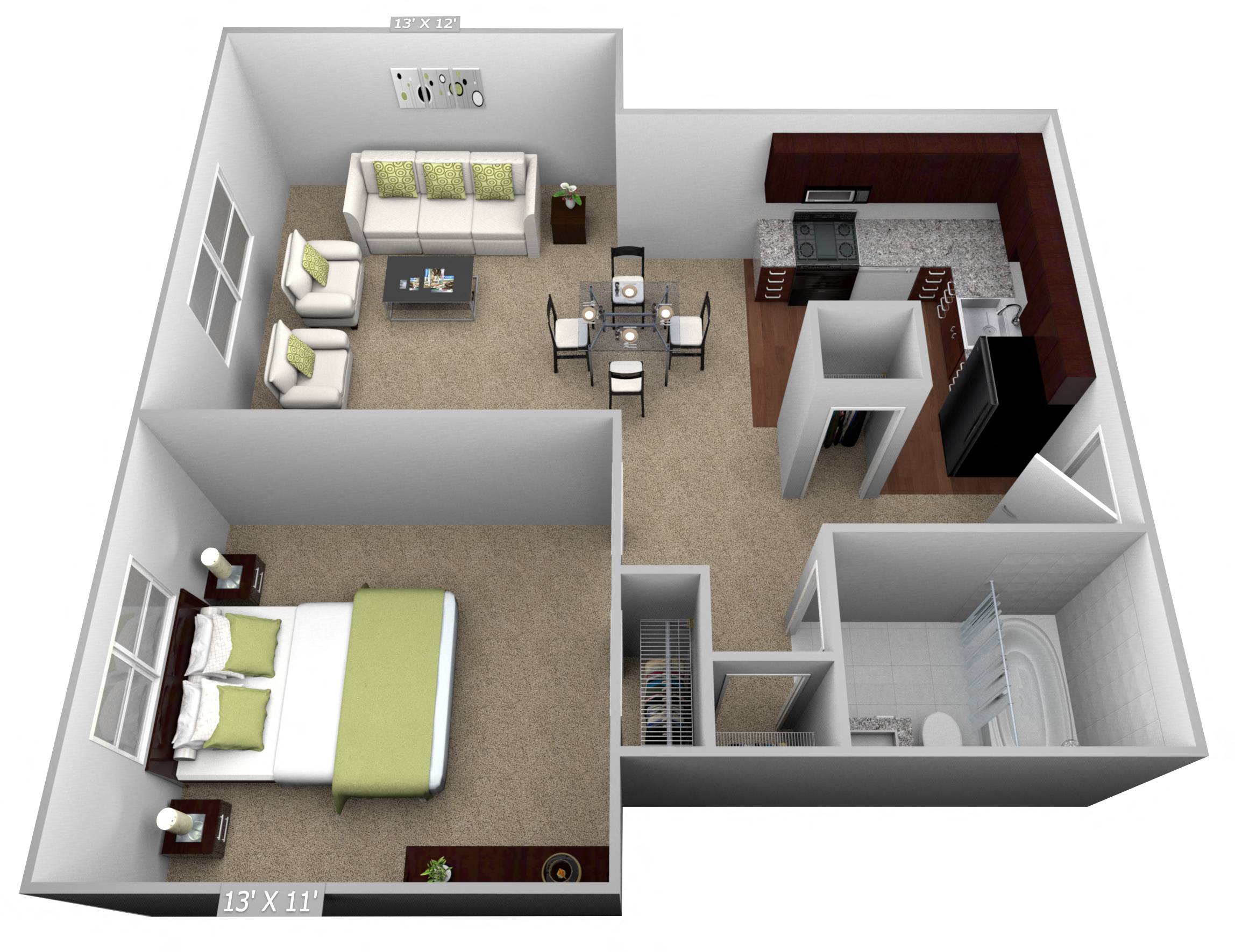 Floor plan for 1 bed, 1 bath, 550 sqft