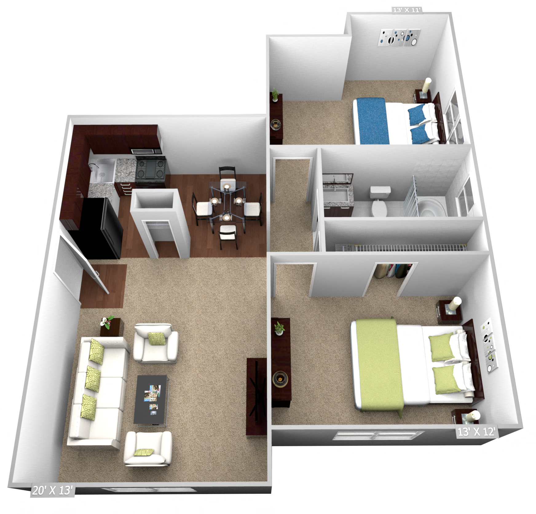 Floor plan for 2 beds, 1 bath, 750 sqft
