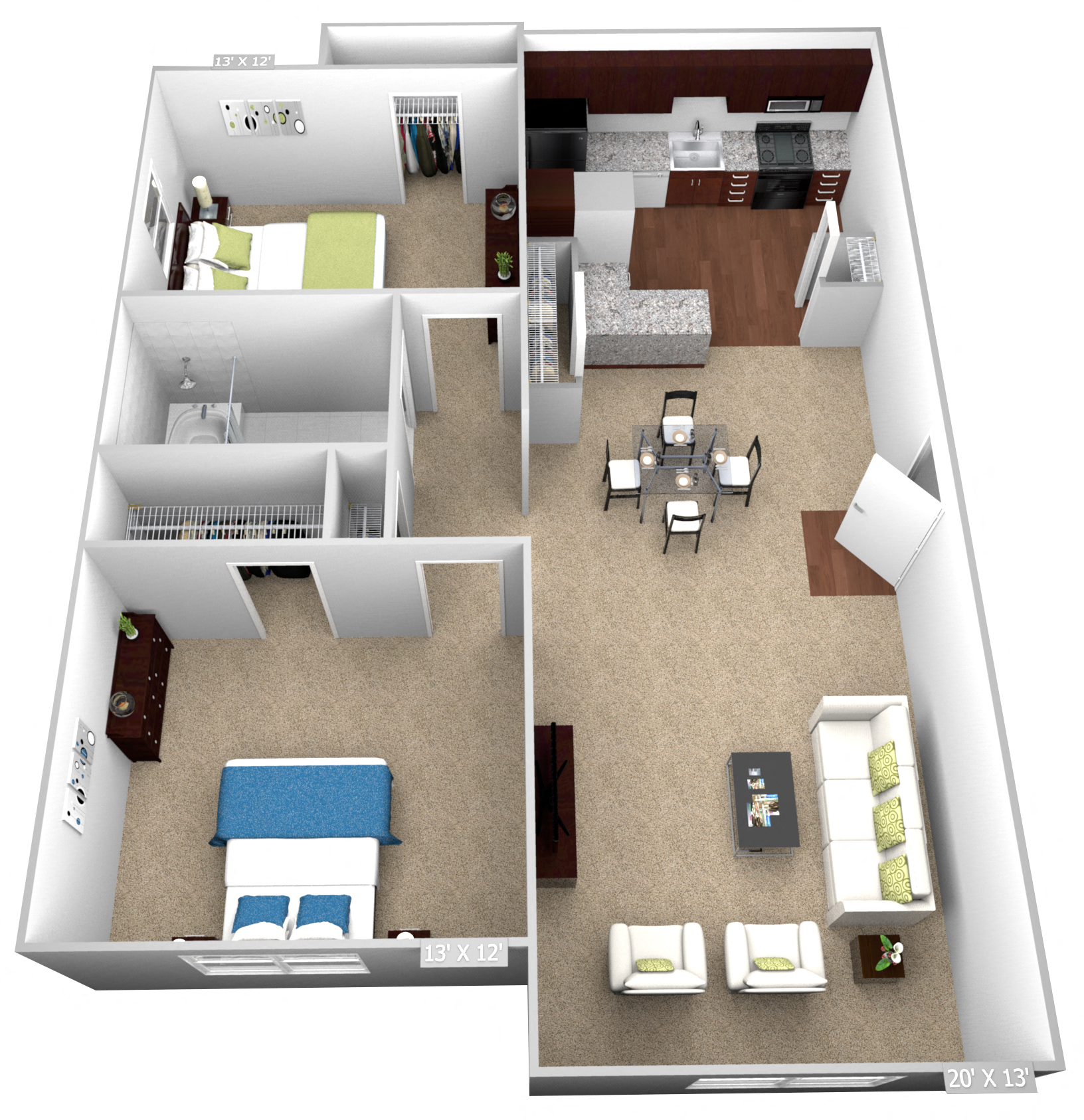 Floor plan for 2 beds, 1 bath, 850 sqft