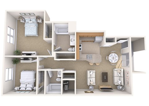 Floor plan for 2 beds, 2 baths, 949 sqft