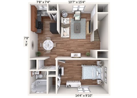 Floor plan for 1 bed, 1 bath, 584 sqft