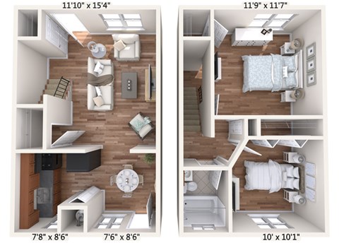 Floor plan for 2 beds, 1 bath, 769 sqft