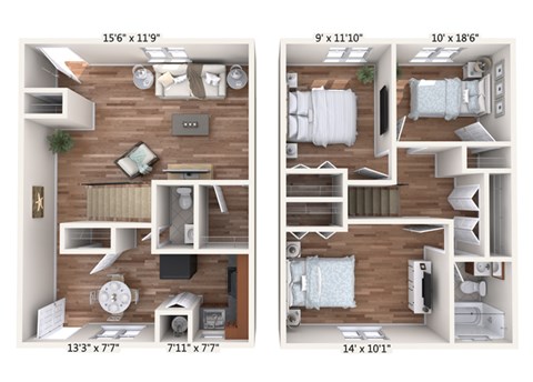 Floor plan for 3 beds, 2 baths, 1023 sqft